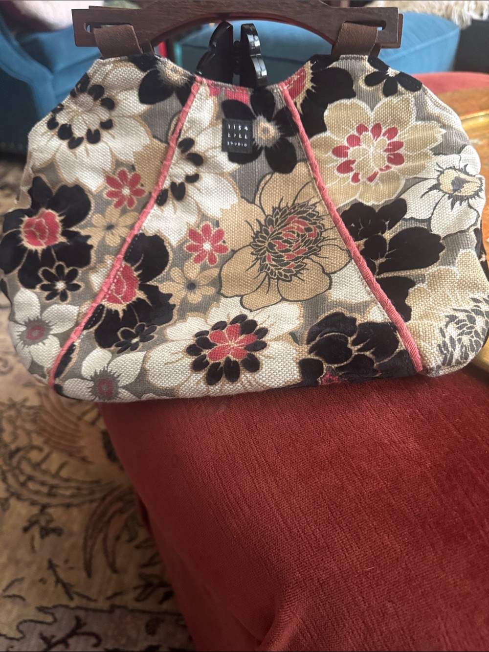 1154 Lill Studio Floral Canvas Wristlet in Cream, Brown and Pink